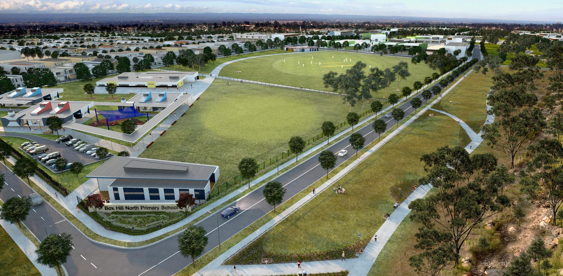 Artistic render of community green and fields