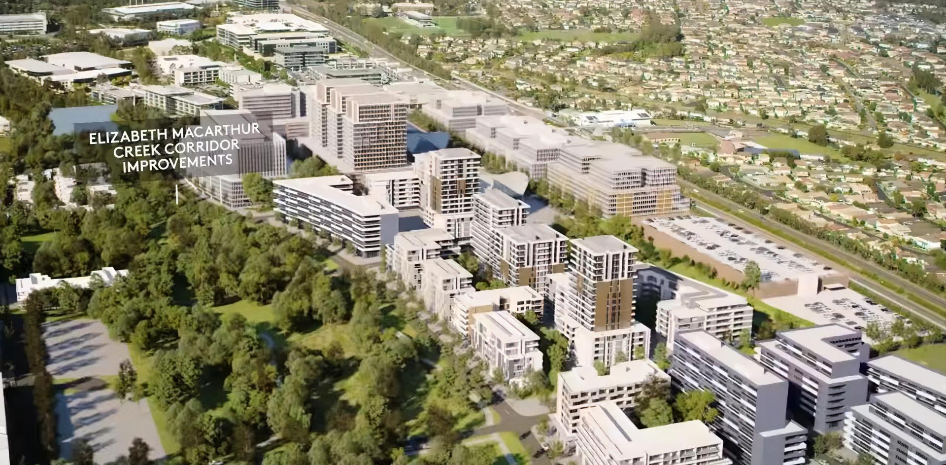 Artistic render of suburb with buildings, greenery, and location of new train station