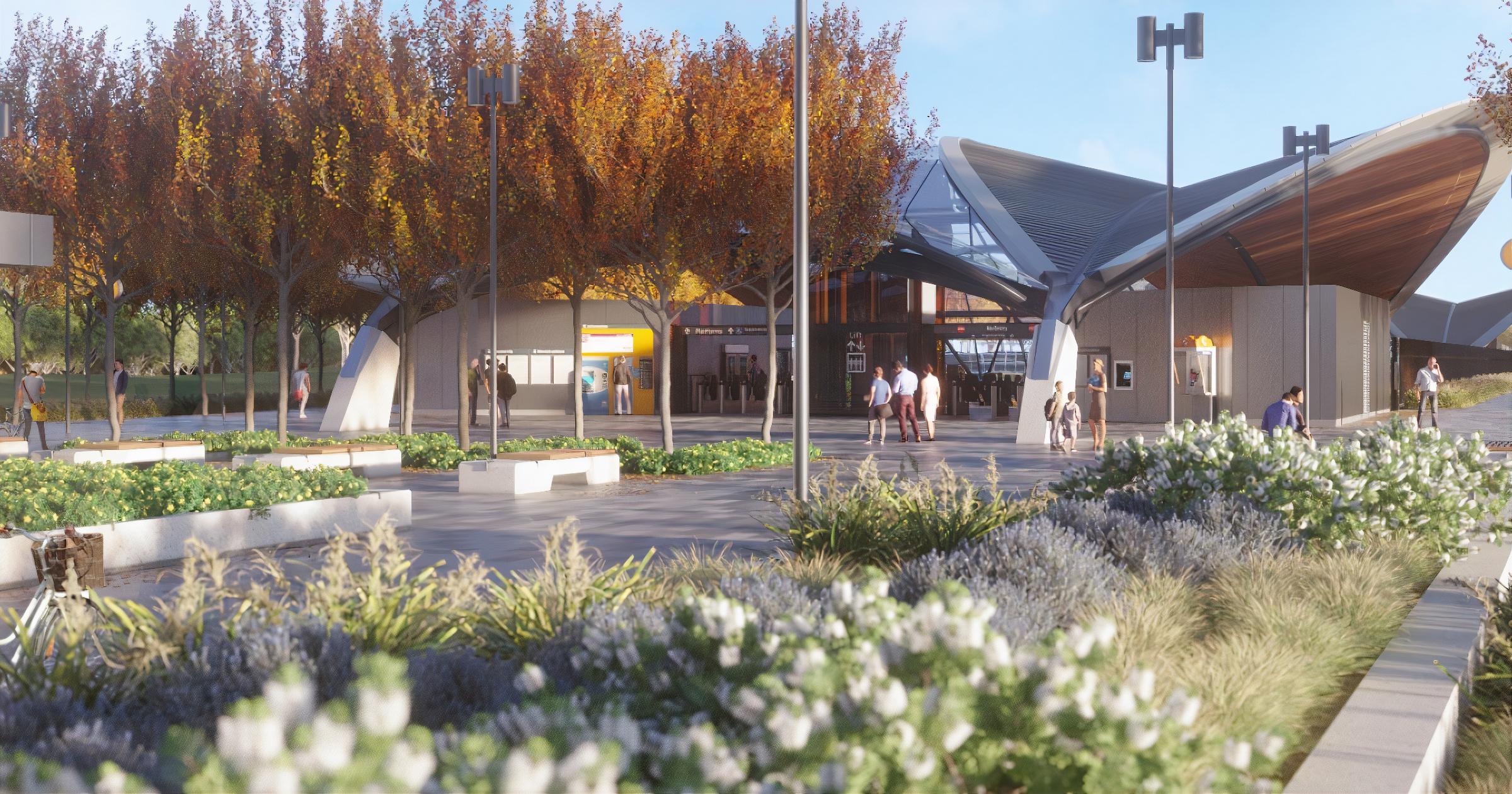 Artistic render of a community green and train station